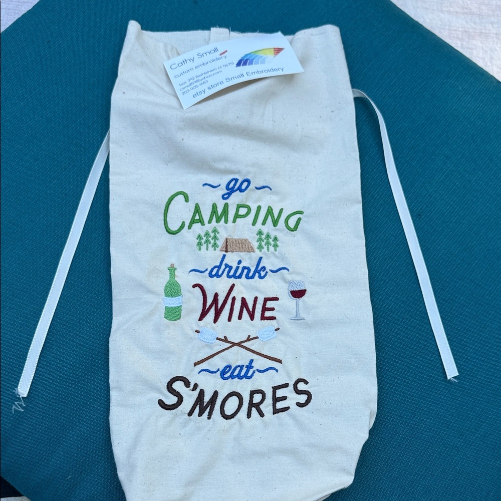 Camping Wine and S'mores Embroidered wine gift Bag